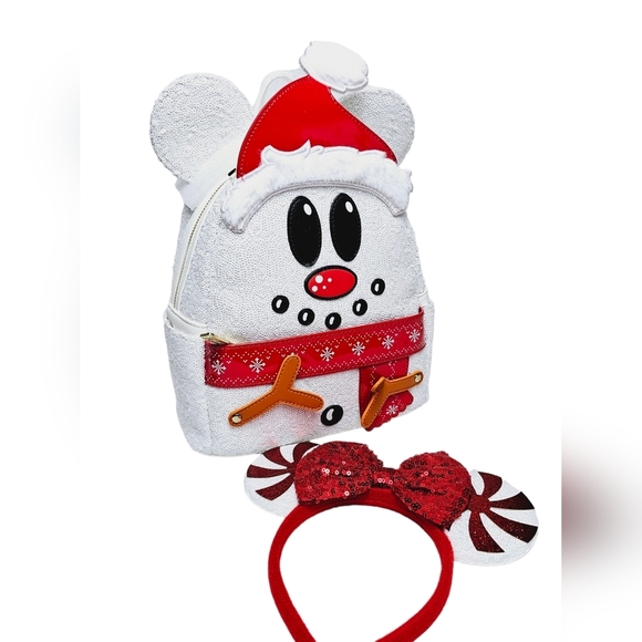 DISNEY Loungefly Mickey Mouse Sequin Snowman Mini Backpack + Handmade Ears - Picture 6 of 11